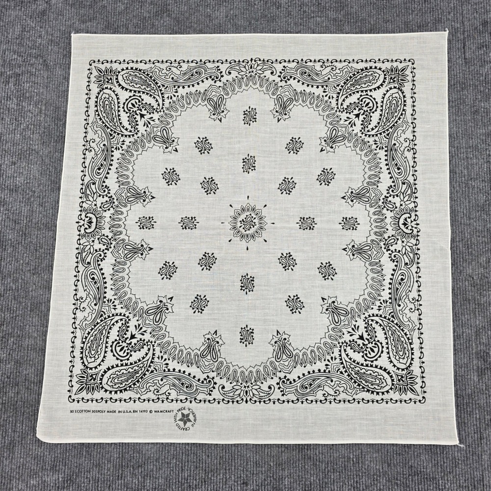 Vintage Wamcraft White Black Paisley Bandana Made in USA RN 14193 Cotton Poly